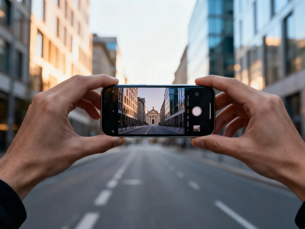 Smartfon fotografujący detal architektury teleobiektywem