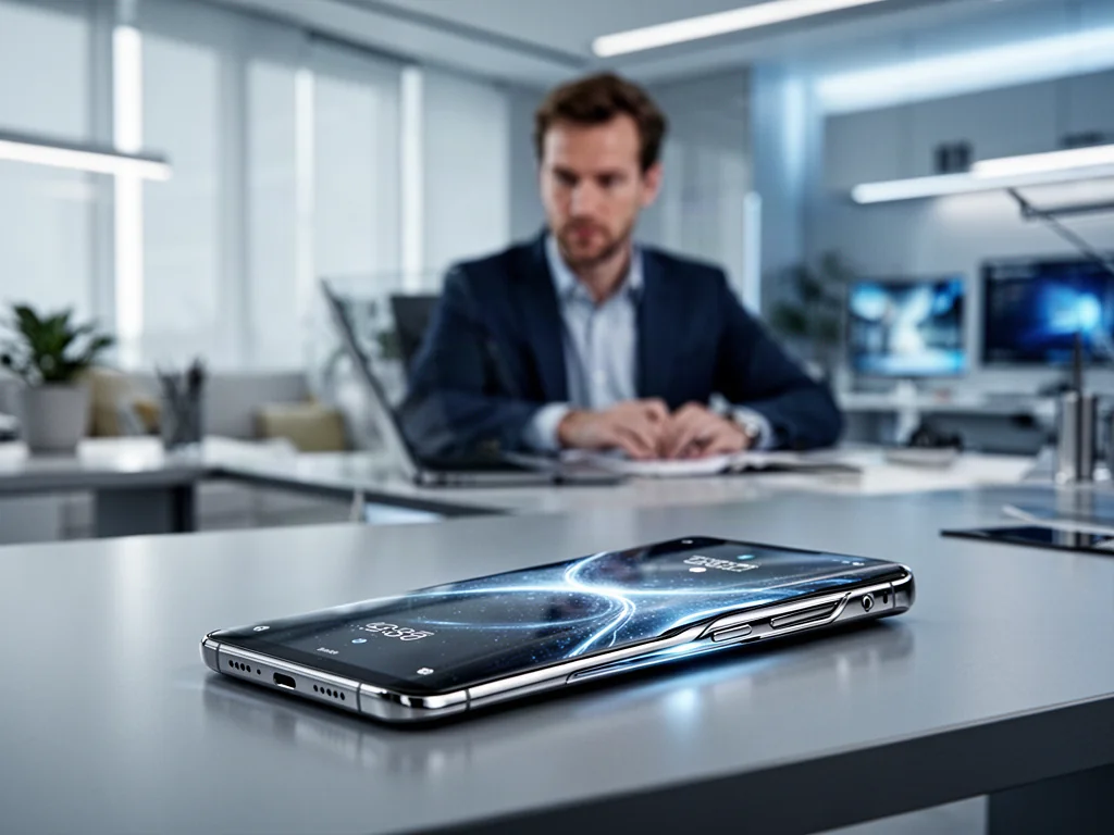 Nowoczesny smartfon na minimalistycznym biurku w tle domowego biura, sugerujący zaawansowaną technologię iPhone'a 17 Pro.