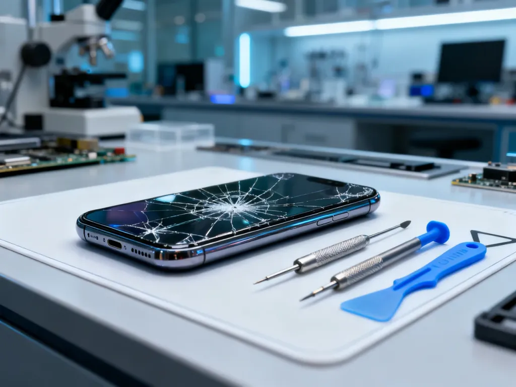 Rozbity ekran iPhone 14 Pro Max na macie serwisowej w otoczeniu profesjonalnych narzędzi do naprawy telefonów.