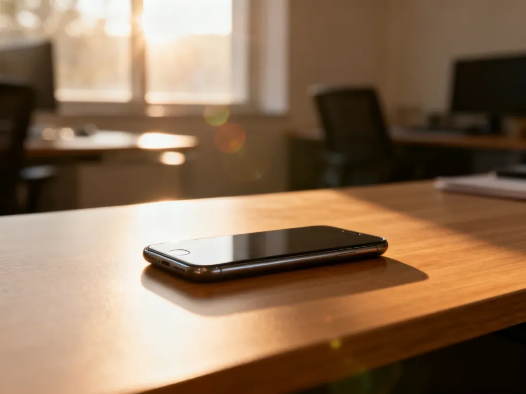 Nowoczesny smartfon leżący na drewnianym biurku w słonecznym biurze, ilustrujący korzystanie z aplikacji mobilnych.