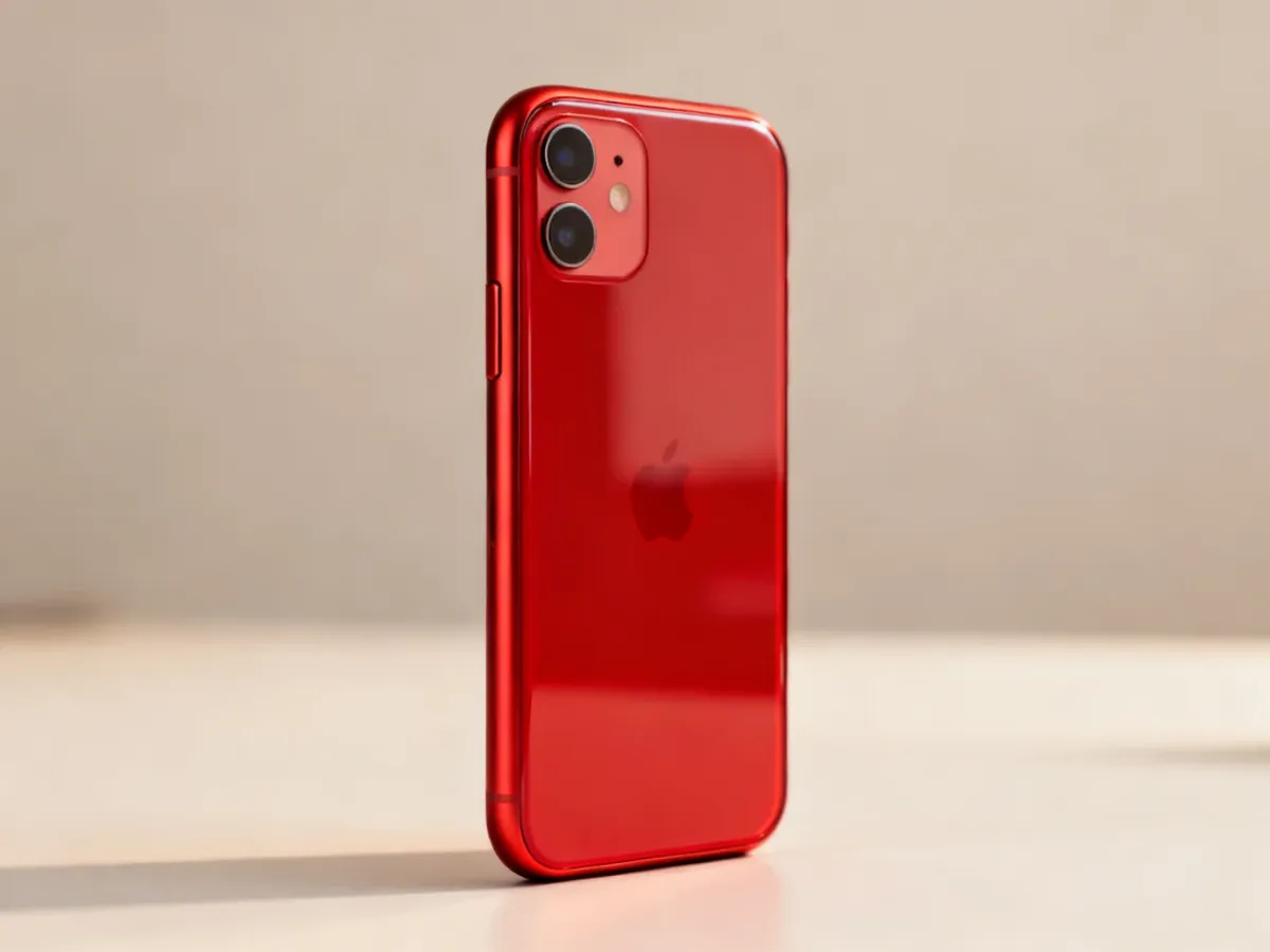 Czerwony iPhone 11 z widoczną szklaną obudową i podwójnym aparatem