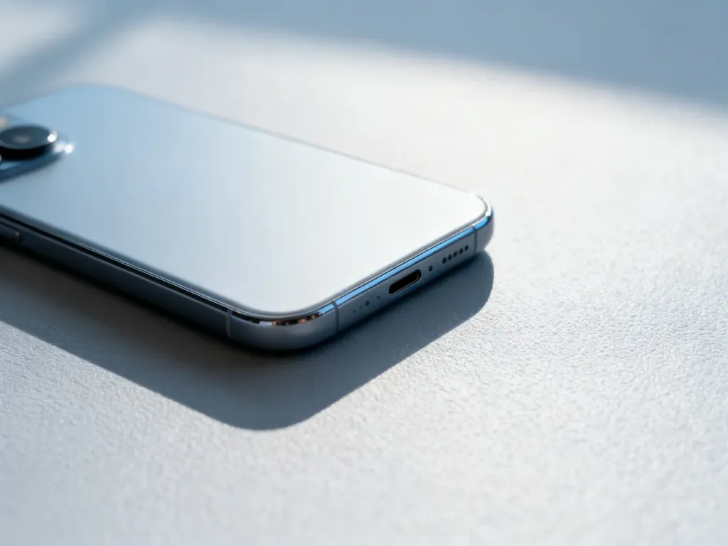 Nowoczesny smartfon iPhone SE spoczywający na jasnym, teksturowanym podłożu w profesjonalnym oświetleniu studyjnym.