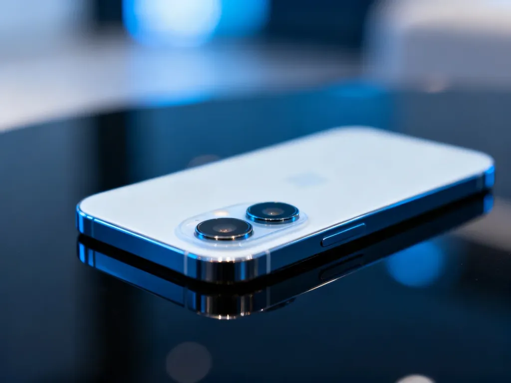 Smartfon iPhone 11 z charakterystycznym podwójnym aparatem na eleganckim, ciemnym tle.