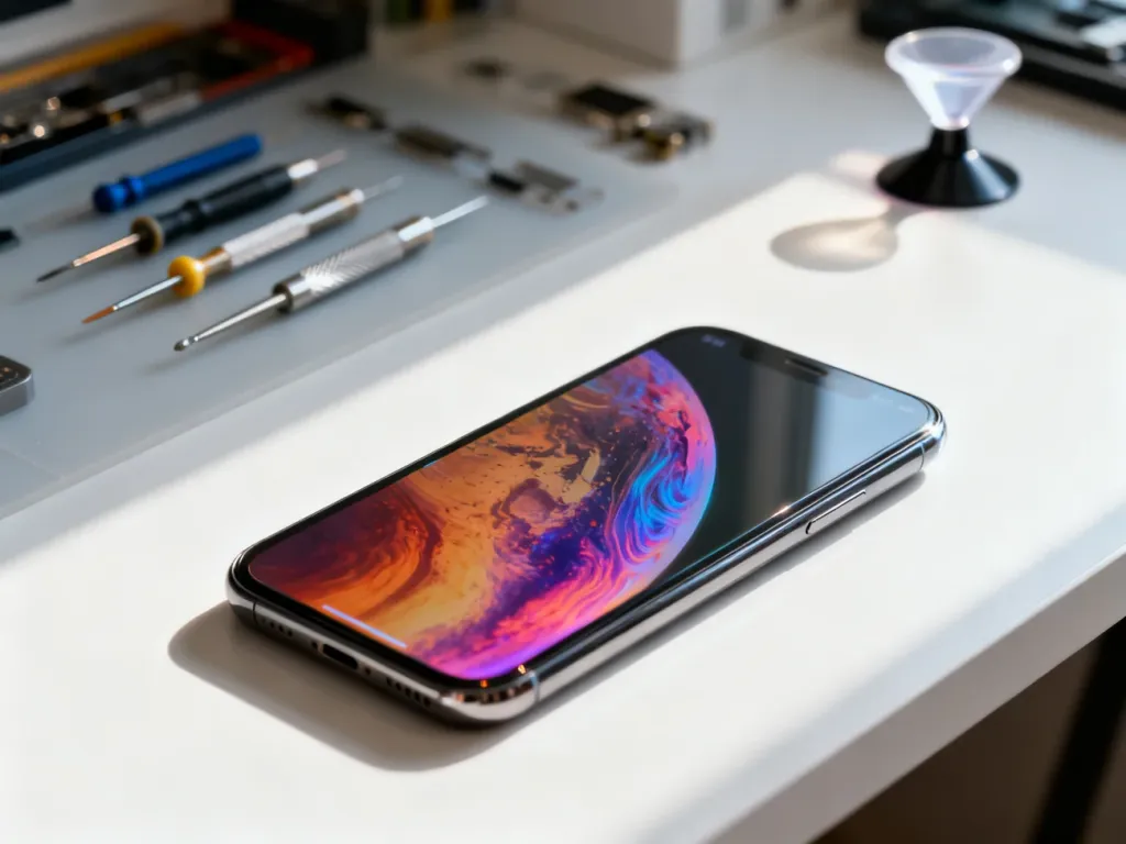 Smartfon z kolorowym wyświetlaczem leżący na biurku obok profesjonalnych narzędzi serwisowych do naprawy telefonu.