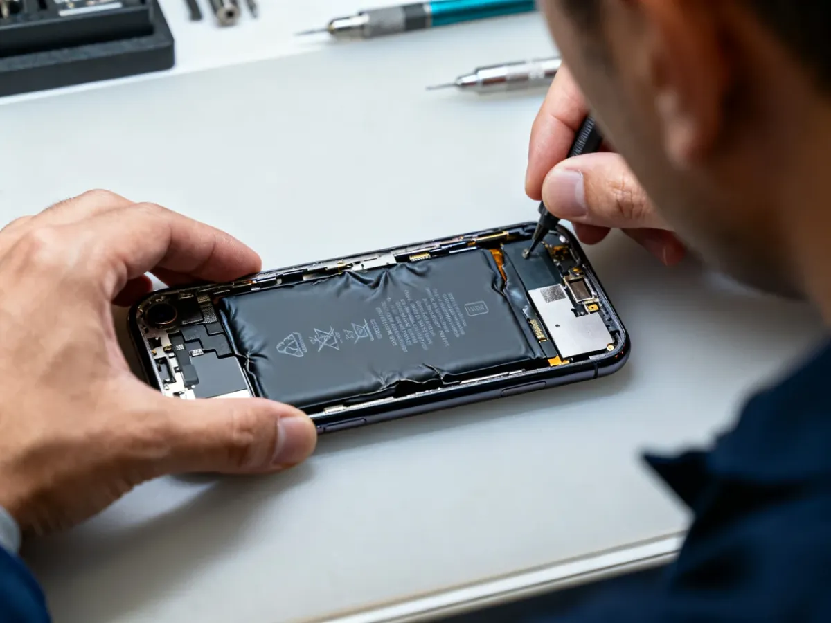 Technik oceniający zużytą i spuchniętą baterię iPhone’a XS Max