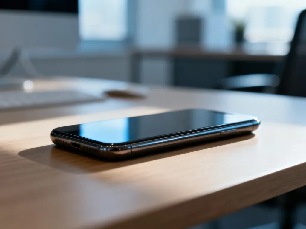Elegancki smartfon leżący na drewnianym biurku w nowoczesnym biurze.
