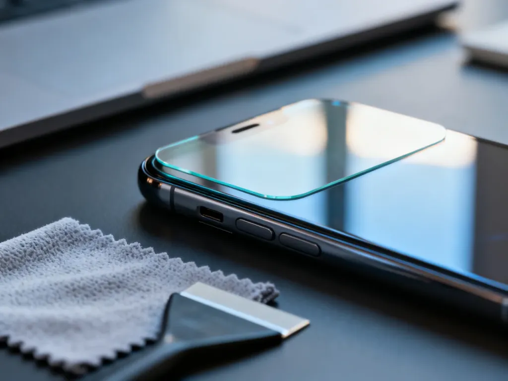 Precyzyjne naklejanie szkła ochronnego na ekran iPhone’a przy użyciu ściereczki i rakli.