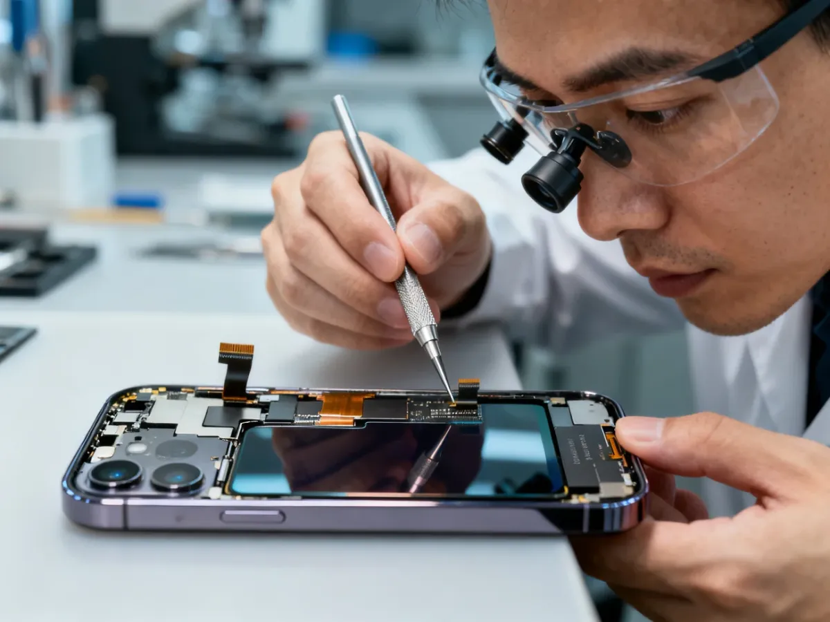 Technik serwisowy sprawdzający moduł wyświetlacza iPhone’a 15