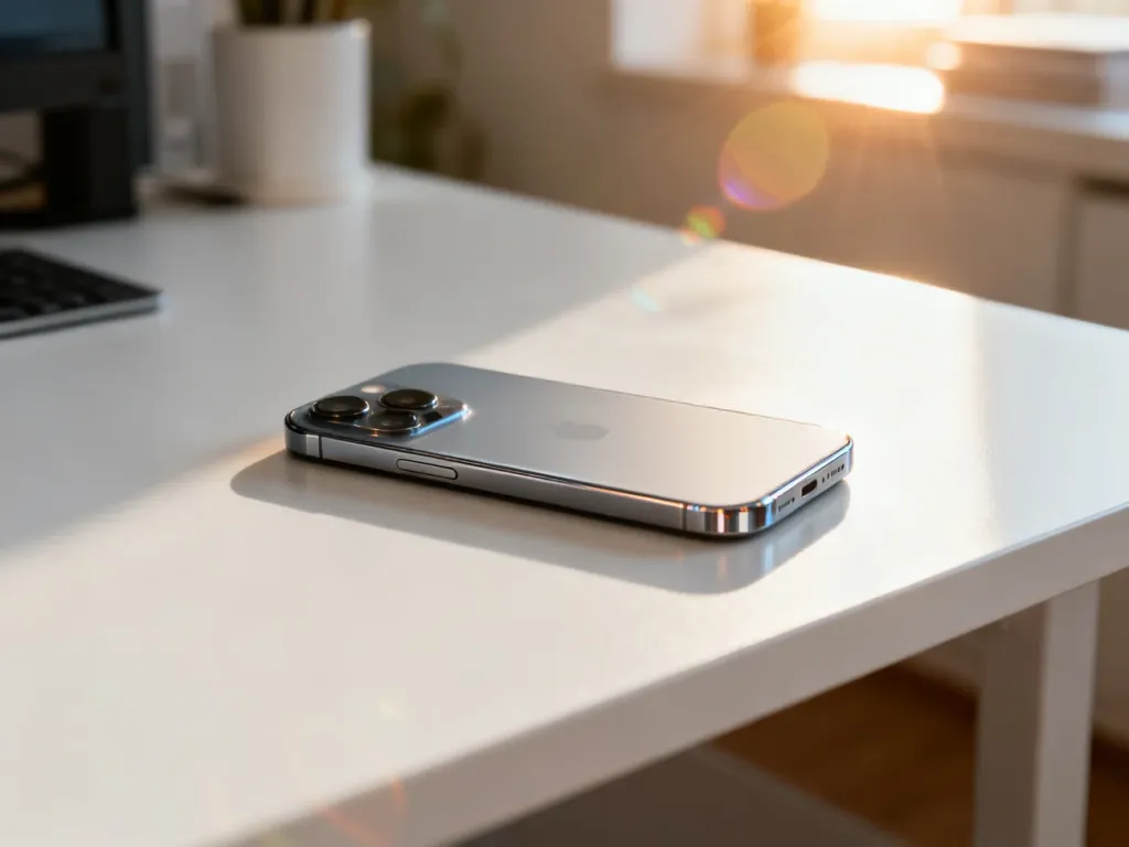 Elegancki iPhone 13 leżący na minimalistycznym biurku w promieniach porannego słońca.