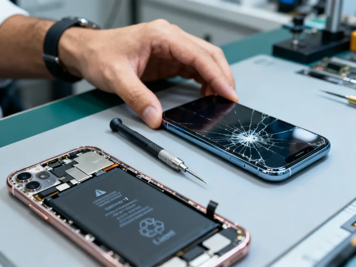 Technik serwisowy wymieniający szybkę i baterię w iPhonie 11