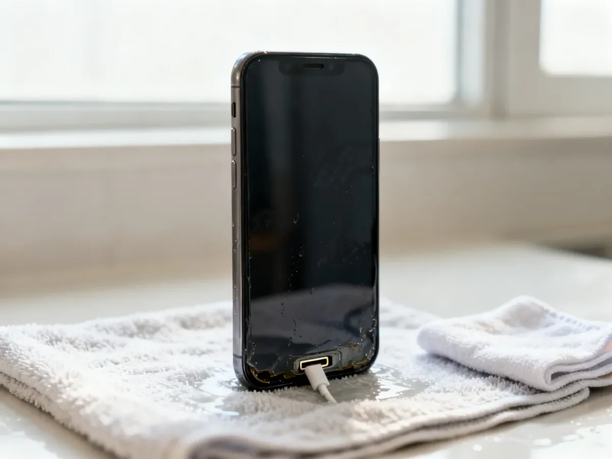 Zalany iPhone ustawiony pionowo do osuszenia na chłonnym ręczniku