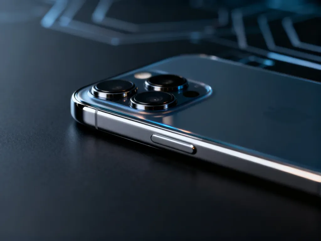 Zbliżenie na elegancki moduł aparatu i stalowe krawędzie iPhone'a 14 Pro na minimalistycznym, ciemnym tle.