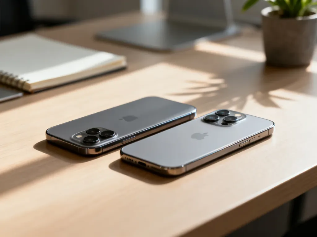 Dwa modele iPhone 13 leżące obok siebie na drewnianym biurku, prezentujące różnice w wyglądzie i układzie aparatów.