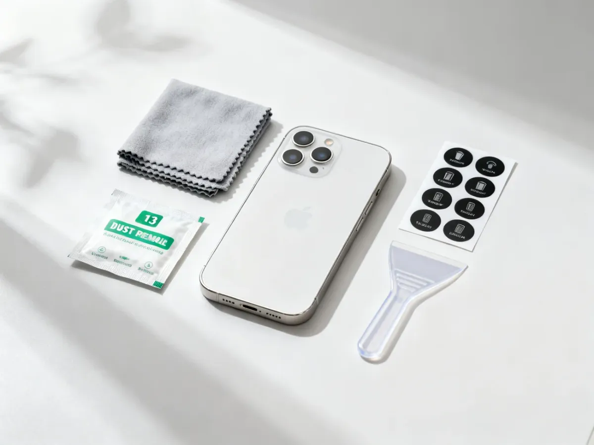 Akcesoria przygotowane do naklejenia ochrony na ekran iPhone’a