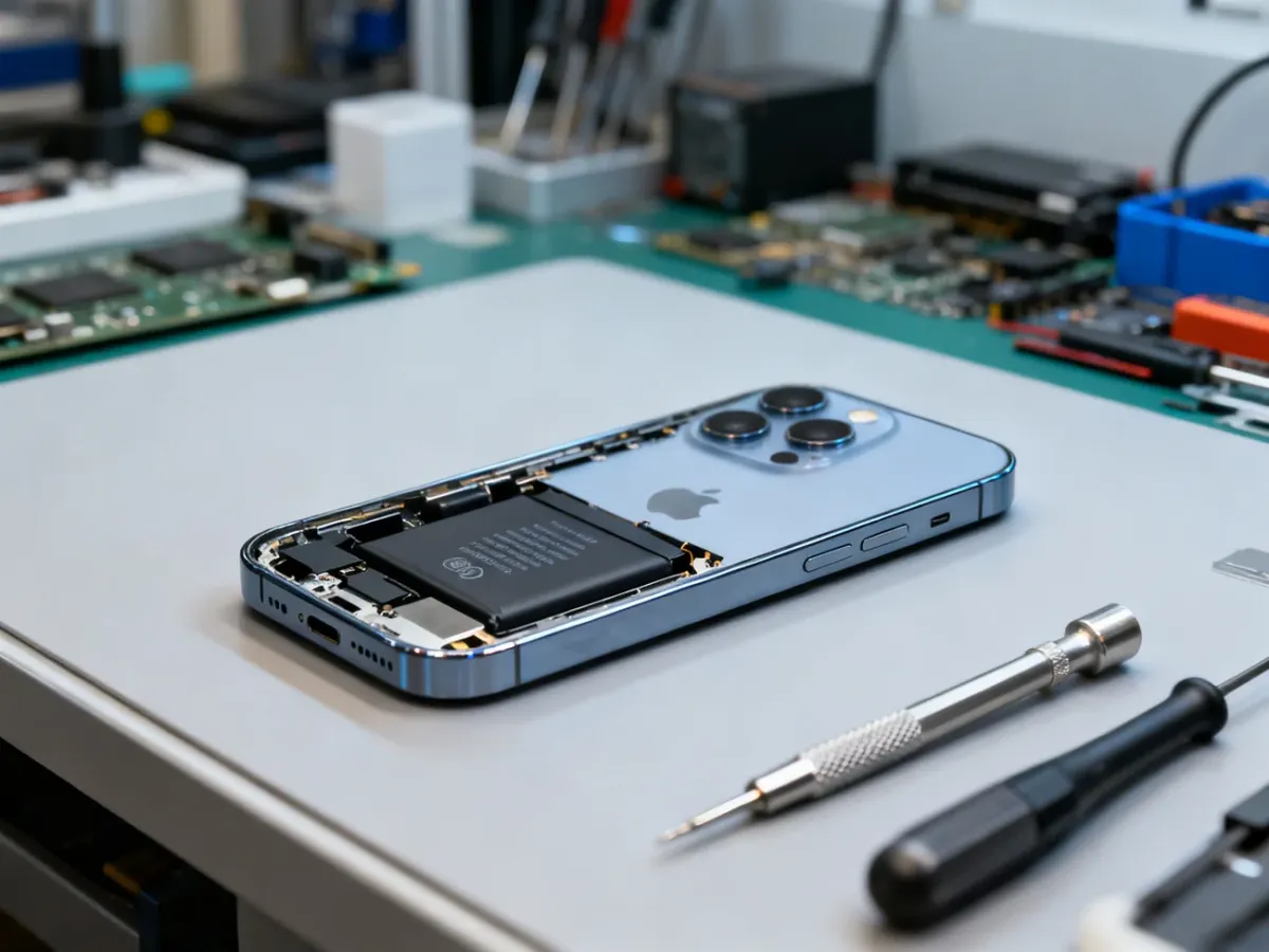 iPhone 15 przygotowany do wymiany baterii na stanowisku serwisowym