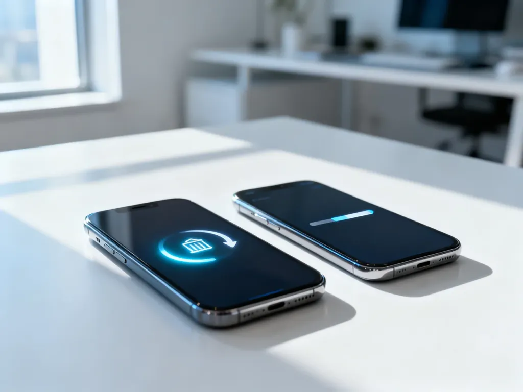 Dwa smartfony leżące obok siebie na biurku, symbolizujące proces przenoszenia danych między systemami Android i iOS.