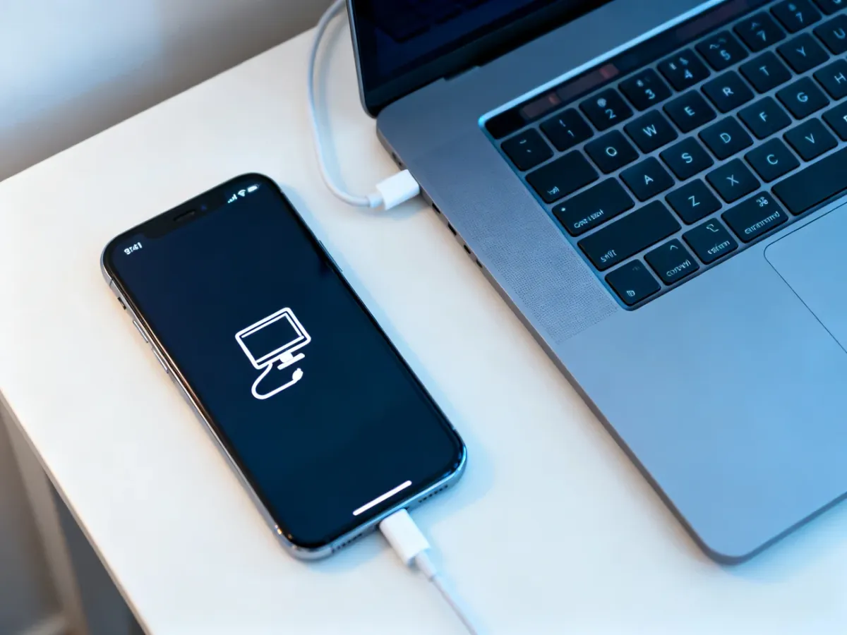 iPhone w trybie Recovery Mode podłączony do komputera