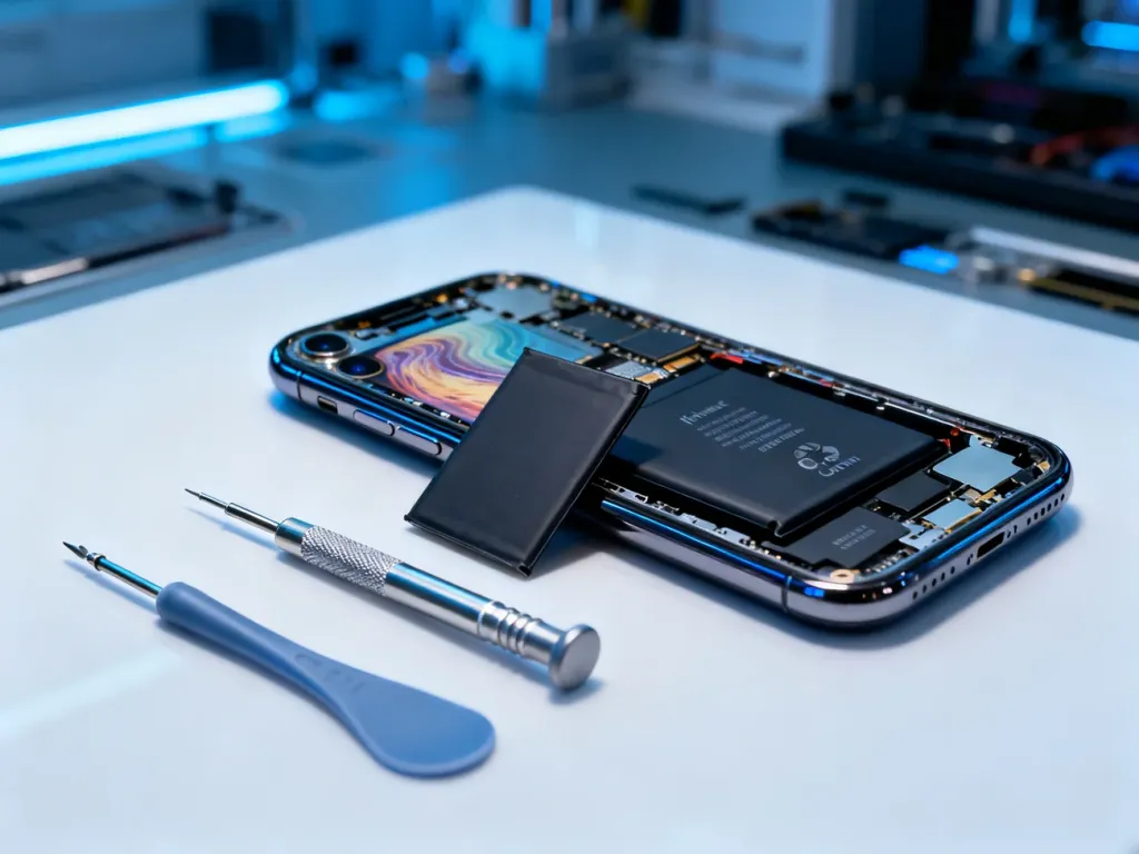 Otwarty iPhone XS Max z widoczną baterią oraz profesjonalne narzędzia serwisowe przygotowane do wymiany akumulatora.