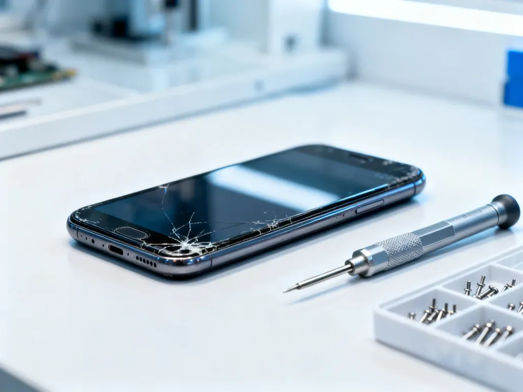 Uszkodzony iPhone na stole serwisowym w otoczeniu profesjonalnych narzędzi do naprawy telefonów.